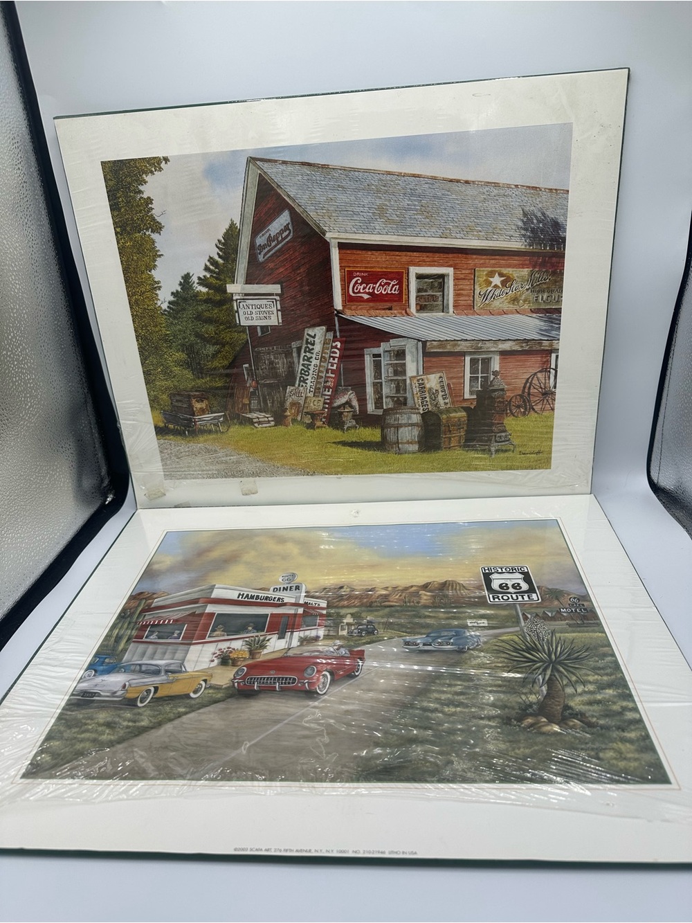 Vtg Scafa Art Litho Prints Coca Cola Barn & Rt 66 Hamburger Dinner 16”x 20”